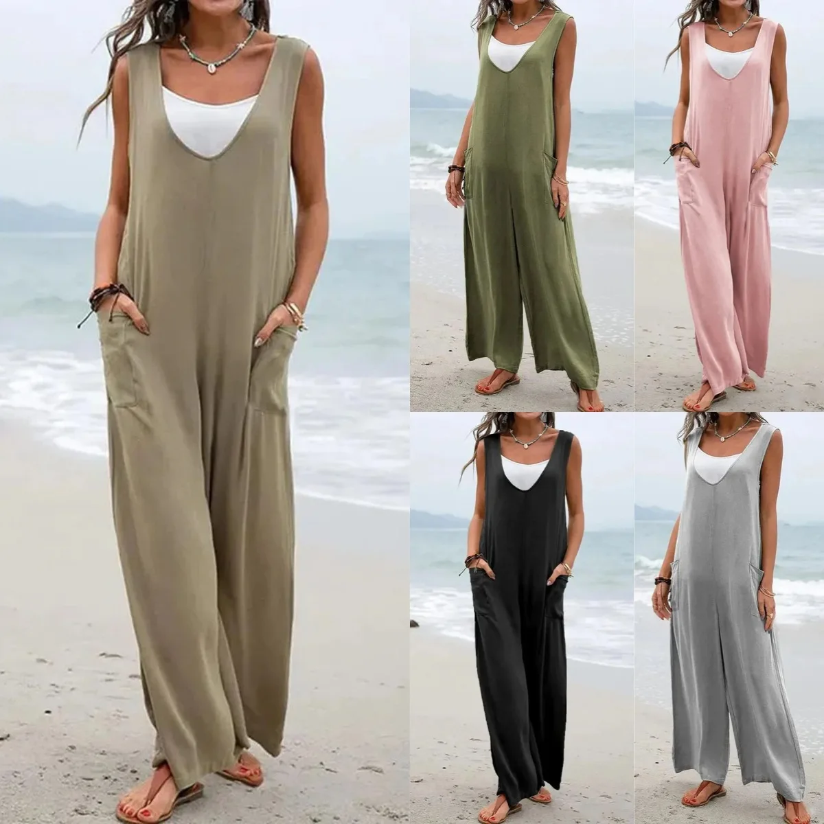 2024 summer new solid color patch bag fashion jumpsuit V-neck suspenders wide-leg pants women