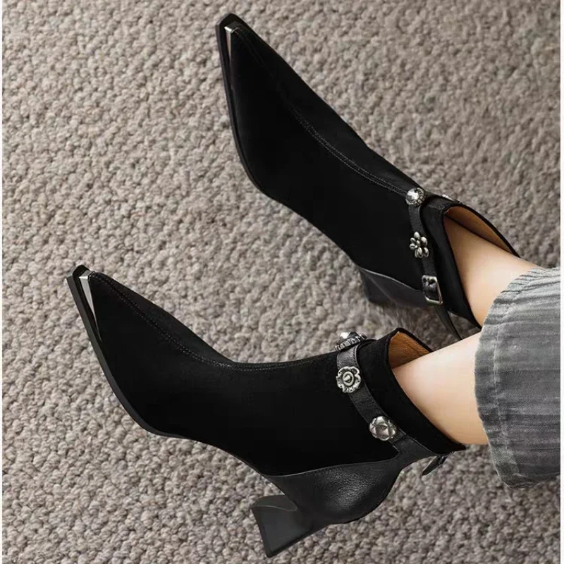 

Elegant Women's Pointed Suede High-heeled Short Boots New Autumn and Winter Sexy Trendy Metal Design Fashion Boots Women's Shoes