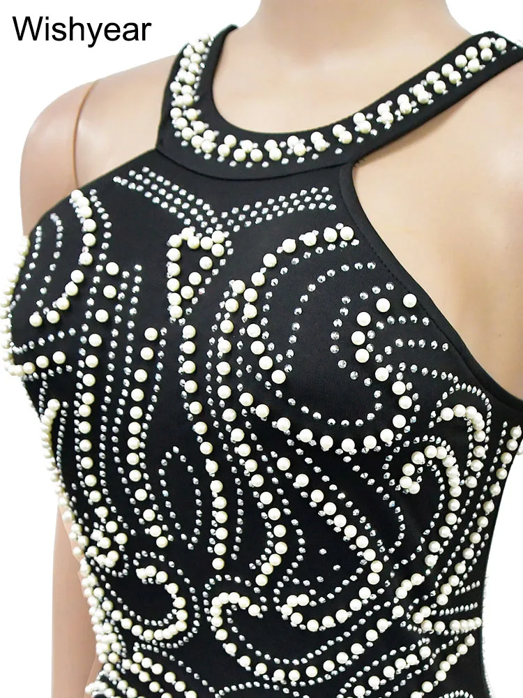 Vestido maxi bodycon sem costas para mulheres, malha de strass, fenda frisada de cristal, vestido de aniversário de noite, vestido de Natal, luxo