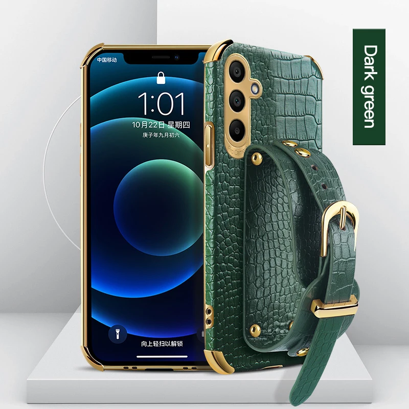 Crocodile Leather Phone Case Wrist Strap for Samsung Galaxy A17 A12 A16 A15 A14 A13 4G 5G Wristband Holder Stand Soft Cover Case