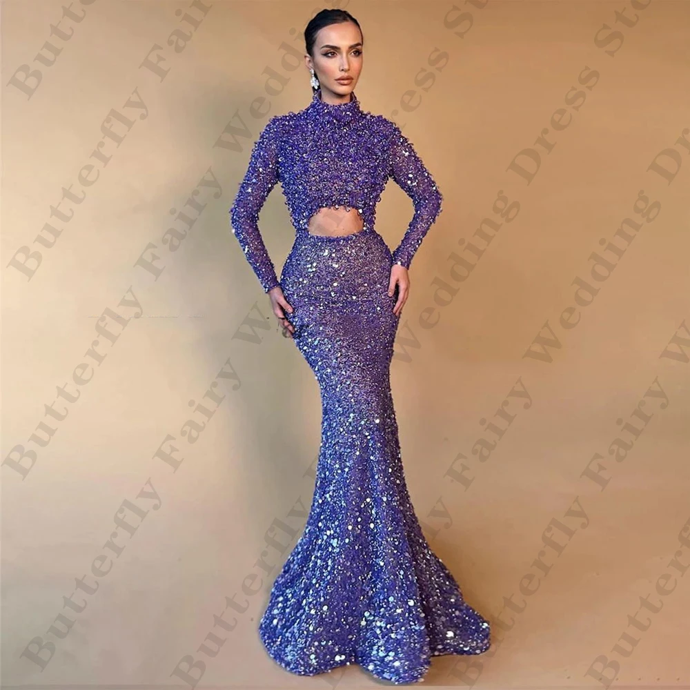 

Elegant Luxurious Beading Party Long Evening Dresses For Women Fashion Sexy Mermaid High Neck Long Sleeves Mopping Prom Gowns