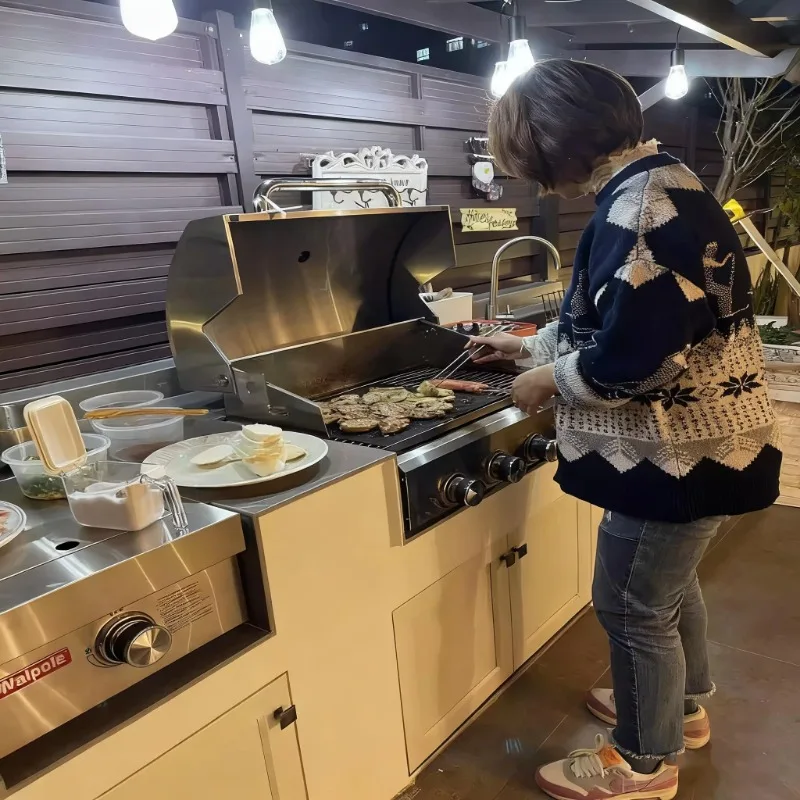 Modern Dual-Fuel Built-In Stainless Steel Grill Charcoal/Gas BBQ Island for Villa Gardens with Skewer & Steak Cooking