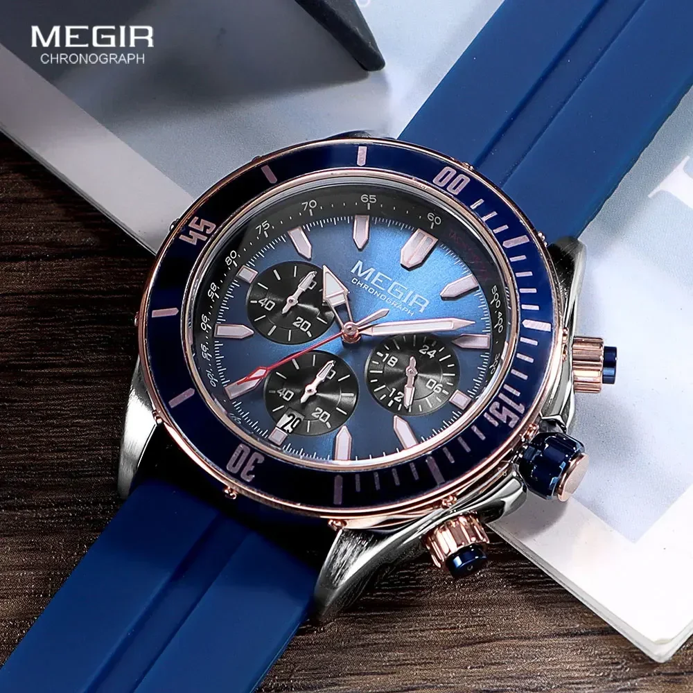 Reloj deportivo MEGIR azul marino para hombre, reloj de pulsera cronógrafo con correa de silicona resistente al agua a la moda con manecillas luminosas y fecha automática 2226