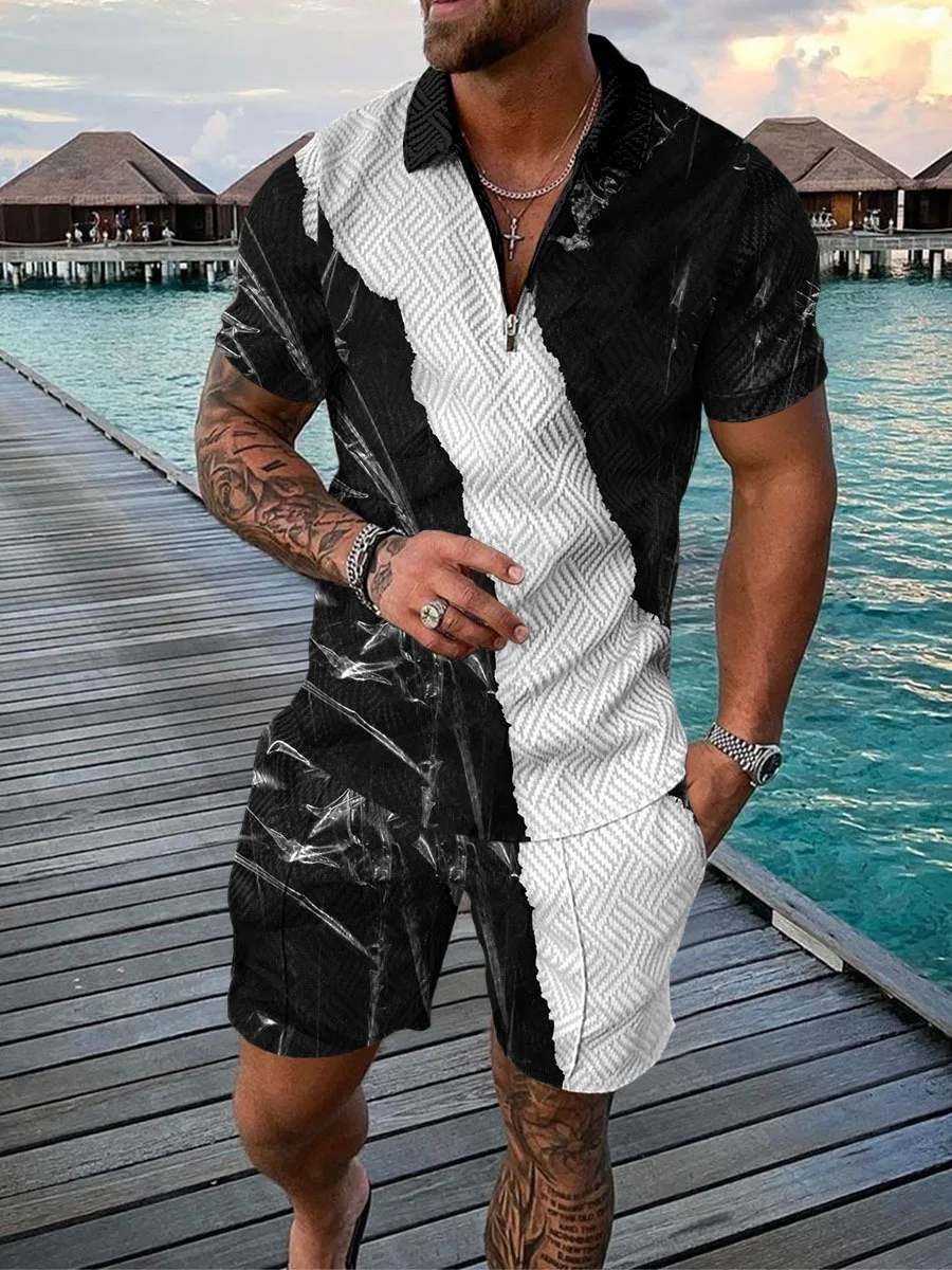 Fashion Men Black White Patchwork Striped Print Short Sleeve T Shirts Shorts Two Pieces Summer New Oversize Vintage Tshirts Set