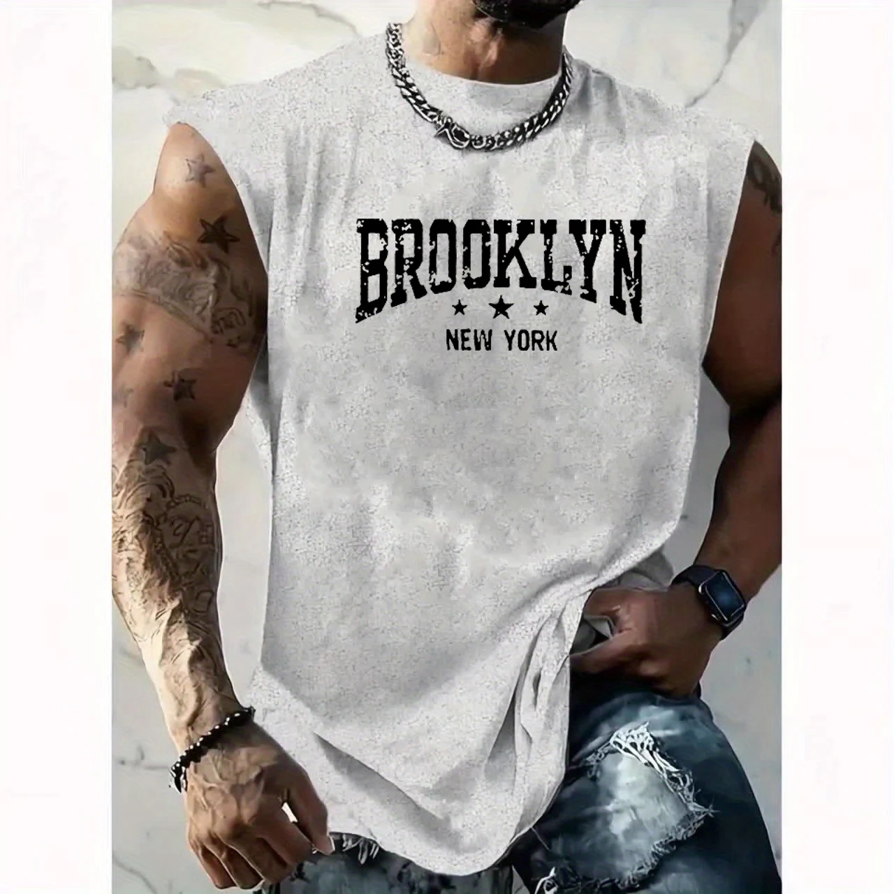 الرجال الصيف الترفيه الرياضة اللياقة البدنية فضفاض بروكلين نيويورك رسالة مطبوعة مريحة تنفس جولة الرقبة أكمام تانك الأعلى