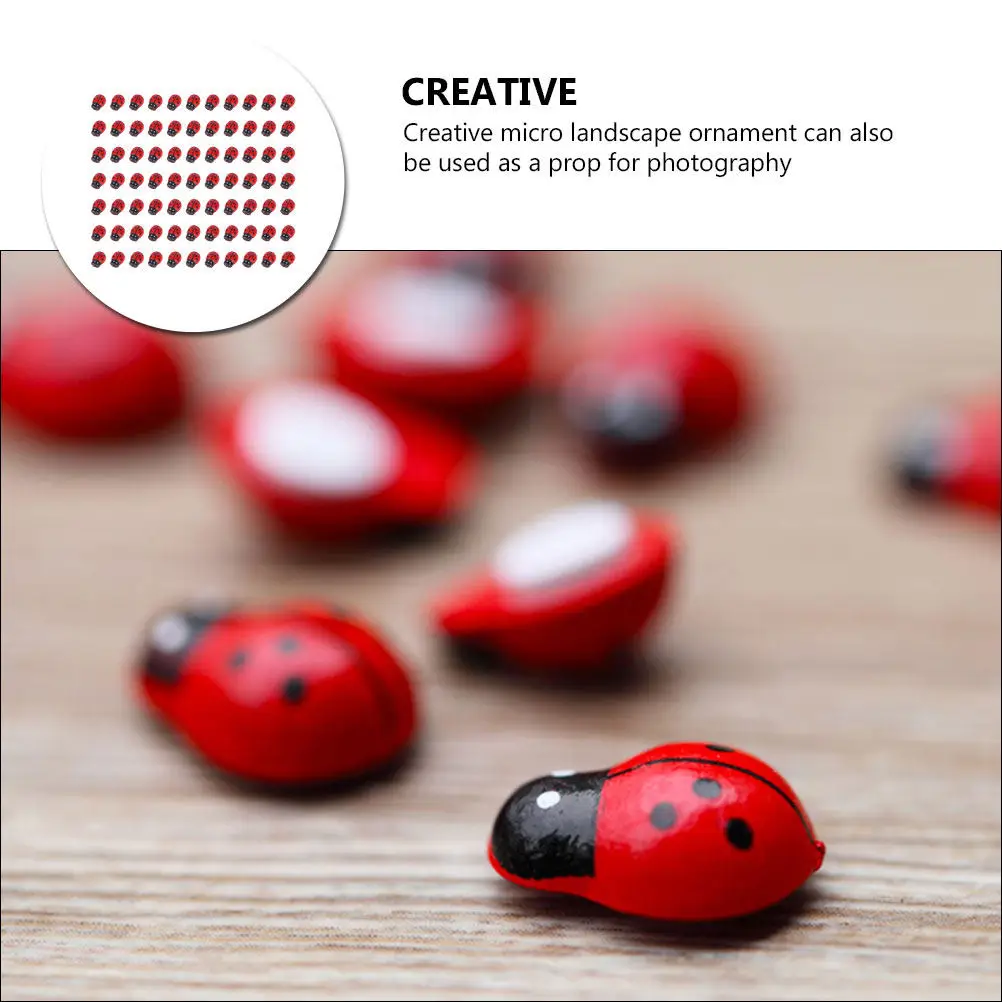 200Pcs Wooden Mini Ladybug Garden Ornament Realistic Simulation for Micro Landscape Terrarium DIY Fairy Garden Decor Lawn