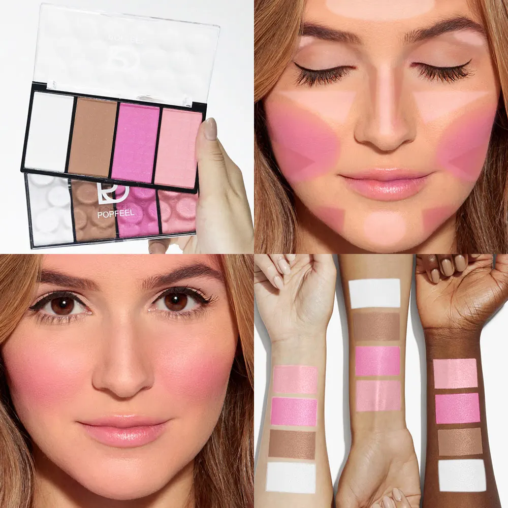 POPFEEL Paleta de contorno resaltador de rubor facial de 4 colores: mejore sus características con resaltar, contornear y un brillo radiante.