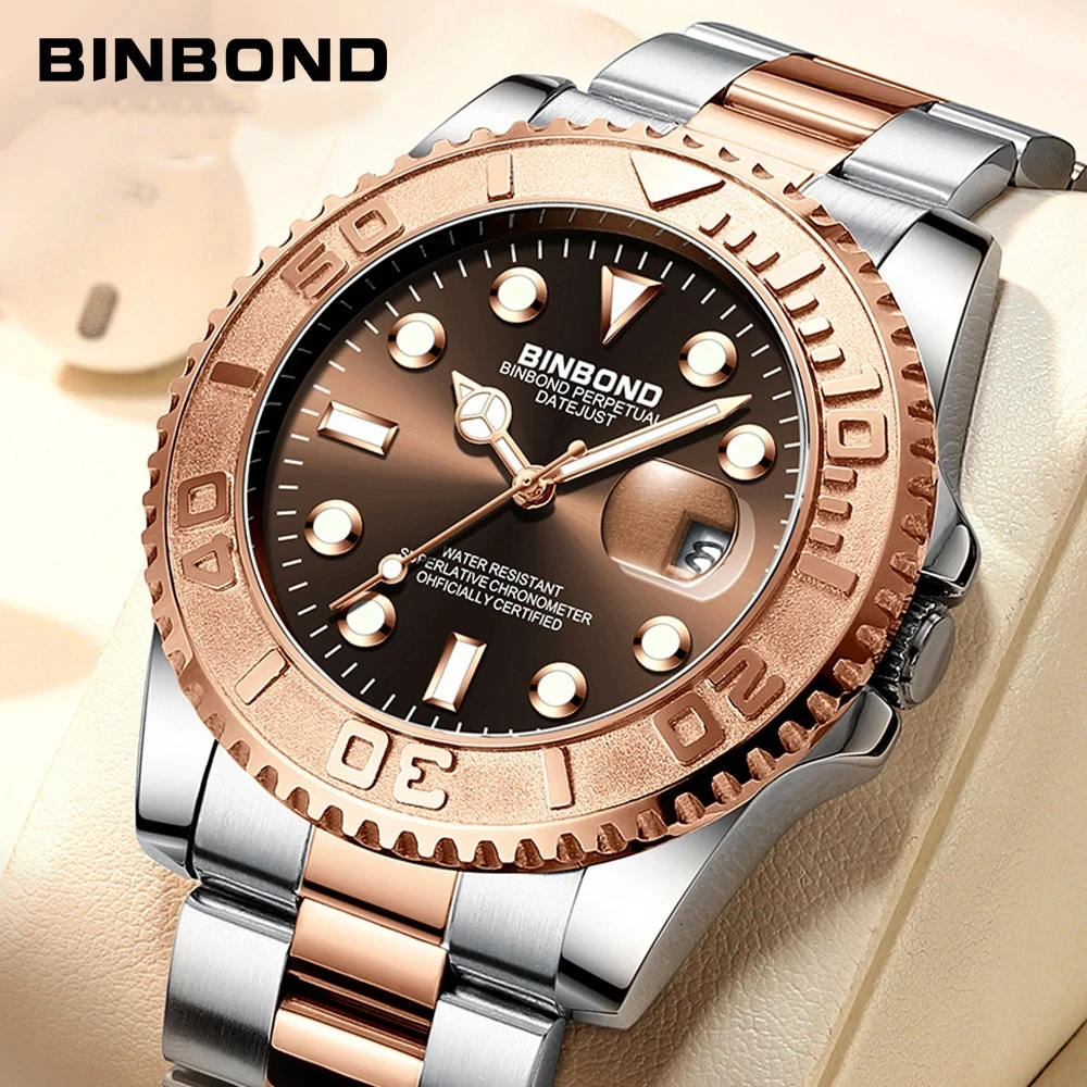 Binbond 930 moda rosa ouro relógio de quartzo masculino luz noturna calendário à prova dwaterproof água esportes masculino cinto de aço relógio de quartzo
