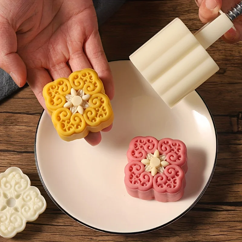 Square Moon cake Mold,Including 1 Mold And 1 Stamps, Hand-Pressed Floral Pattern Square Cookie Press Mold For Kitchen