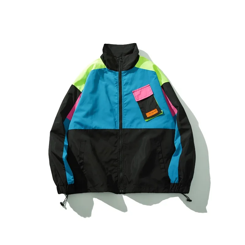 Hip Hop Streetwear Jacket WindBreaker Retro Color Block Patchwork Track Jacket Coat Men Harajuku Cotton Loose Jacket 2023