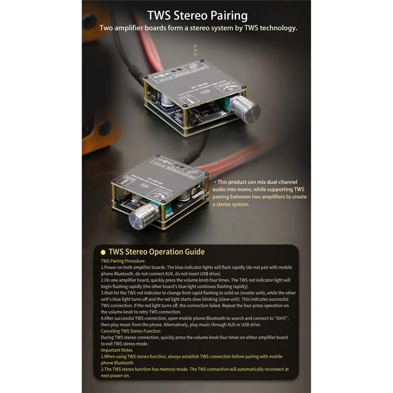 ABZW XY-301W 30W 모노 블루투스 디지털 오디오 앰프 보드, 진정한 무선 스피커용, 스테레오에 연결된 TWS