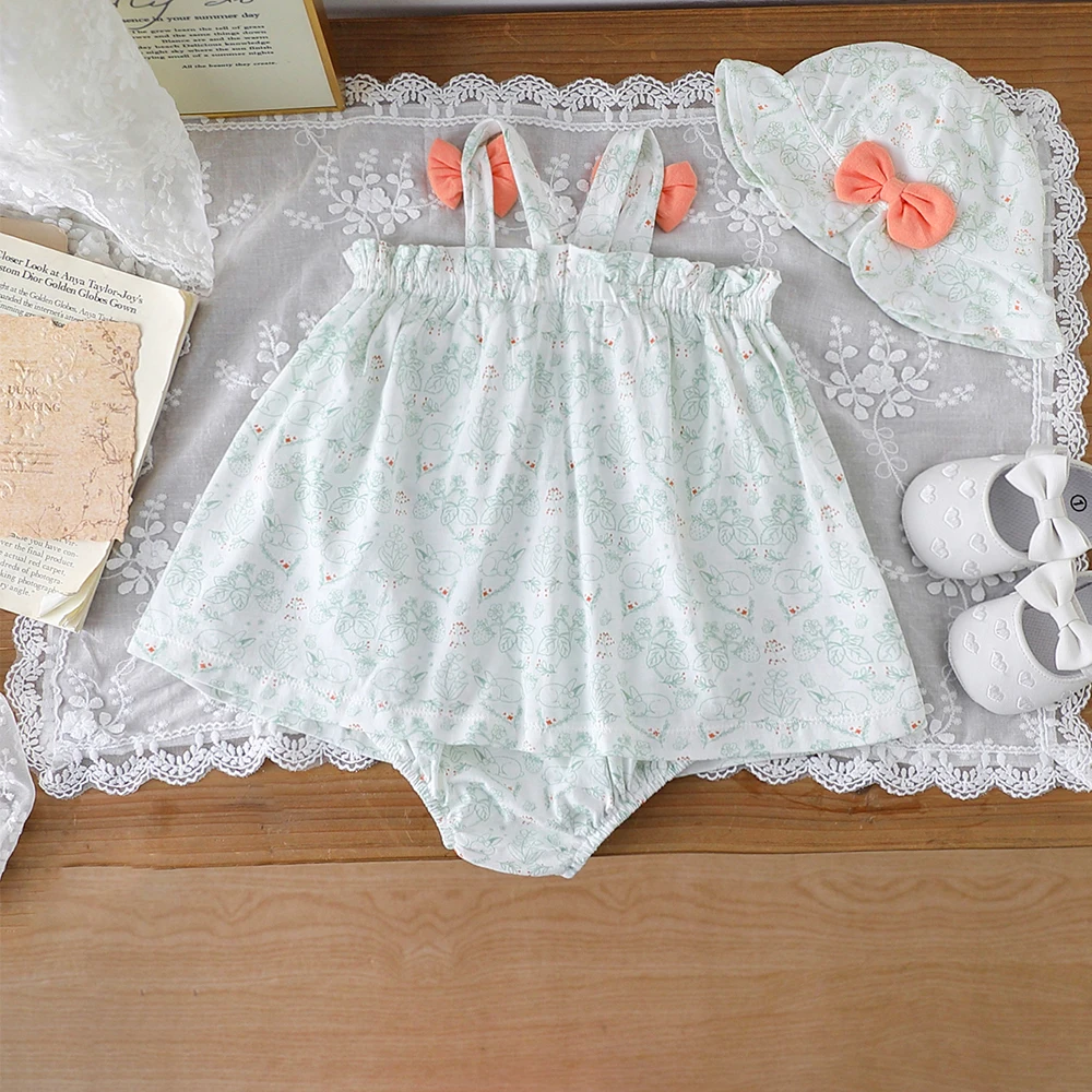 فستان قصير صيفي من القطن المزين بالزهور للأطفال مع زخرفة فيونكة على طراز الأميرة للفتيات بدون قبعة