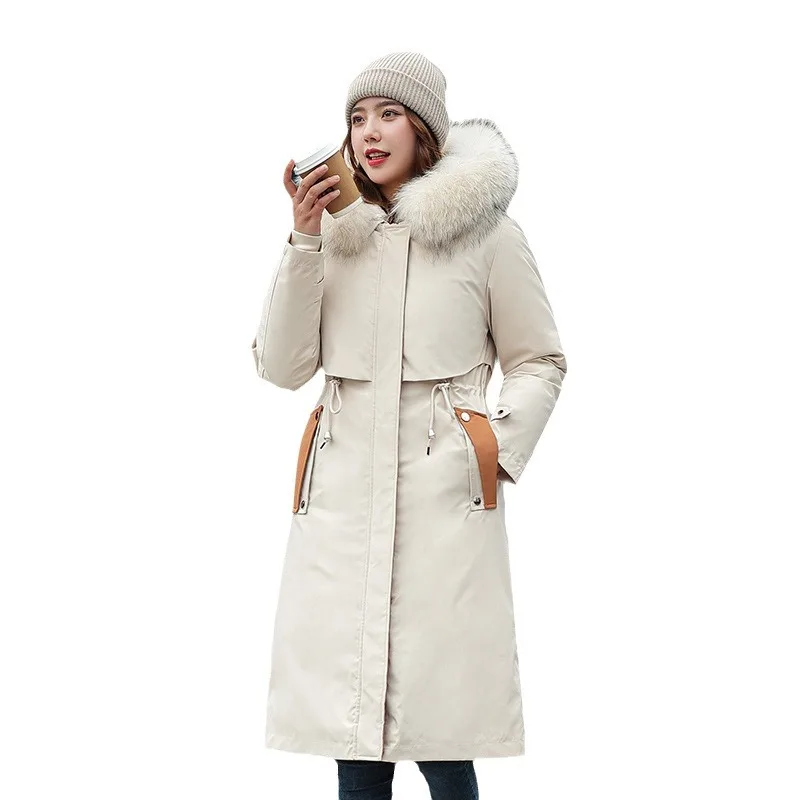 Parkas Coats Women Mid Length Jackets Detachable Big Fur Collar Hooded Drawstring Pocket Zipper Waist Cinched Casual 2025 Winter