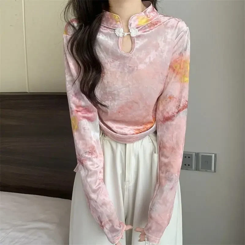 

Chinese Style Velvet Blouses Print Floral Vintage Autumn Winter Woman Shirts Fashion Elegant Short Blusas Mujer