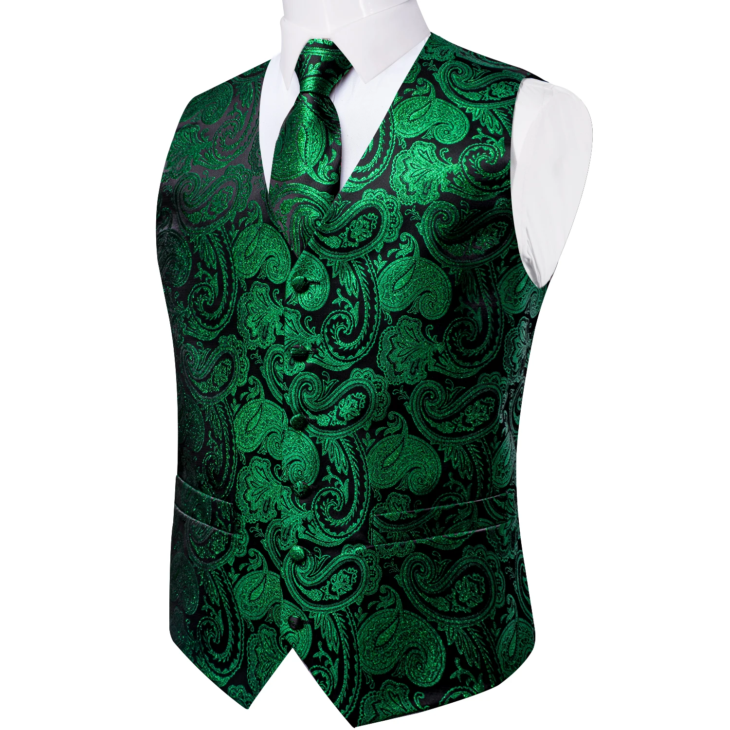 Fashion Green Paisley Vest for Man Business Festival Dress Fit Men\'s Waistcoat Luxury Silk Necktie Pocket Square Cufflinks Ring