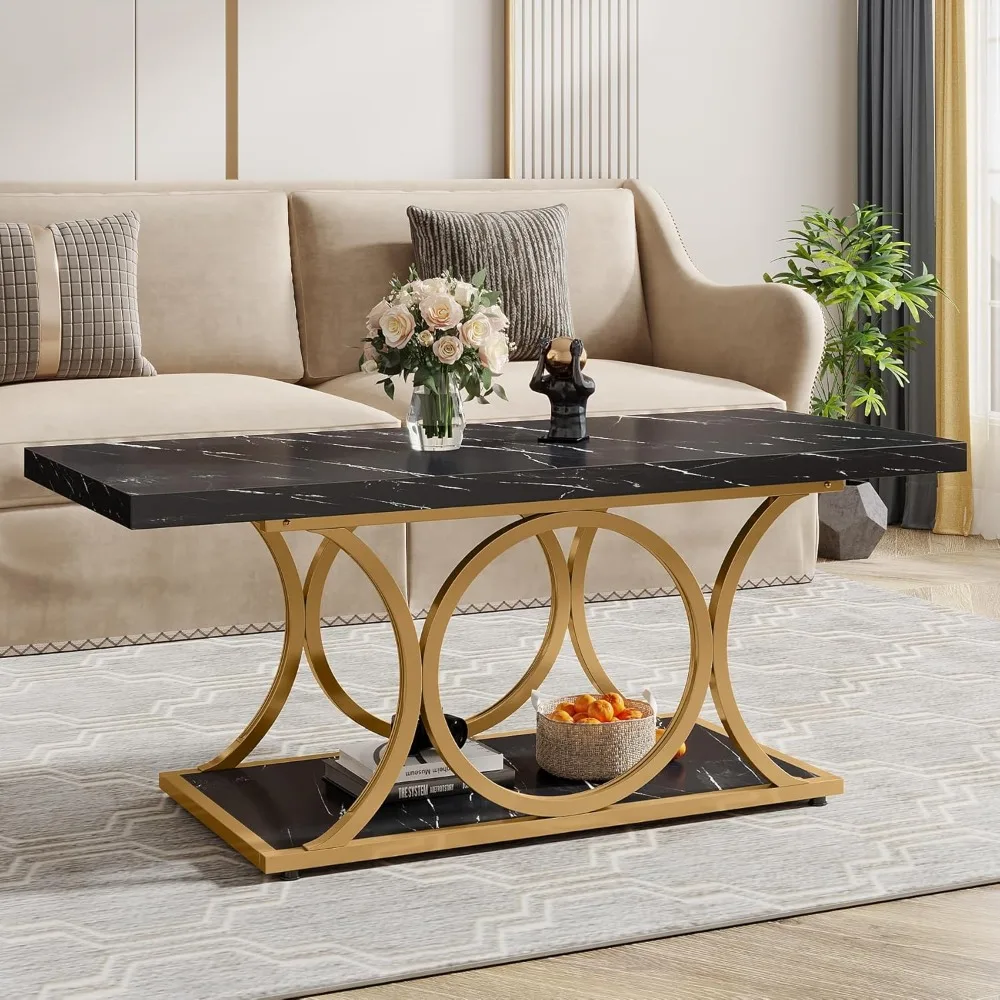 Rectangle Coffee Table, 47.24-inch Modern Coffee Tables Living Room, 2-Tier Faux Marble Wood Coffee Table Geometric Metal Legs