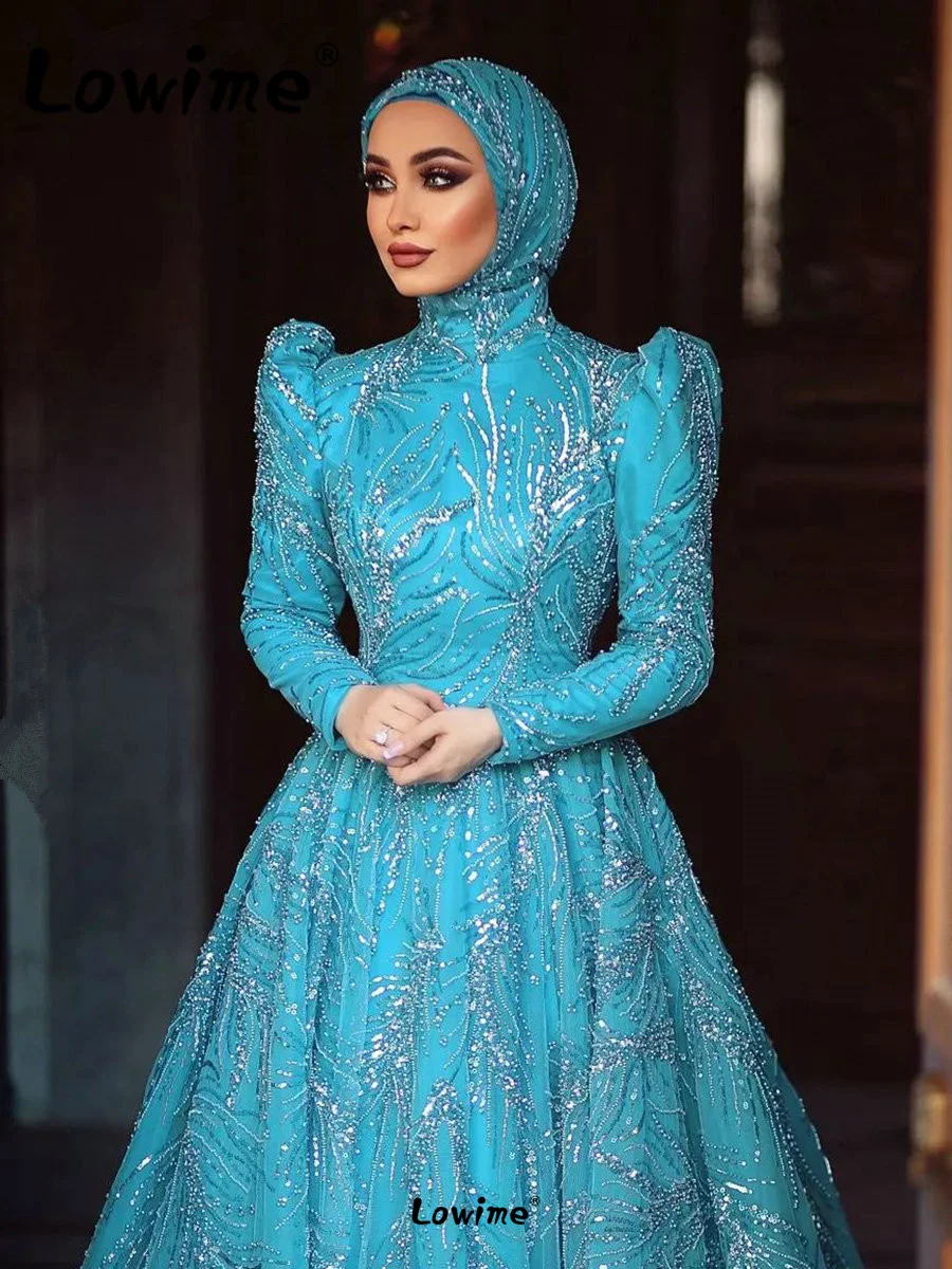 Muslim Blue Long Sleeves Evening Dresses 2023 Sequins Beaded Formal Dubai Arabic Middle East Women Party Dress Prom Gowns Custom