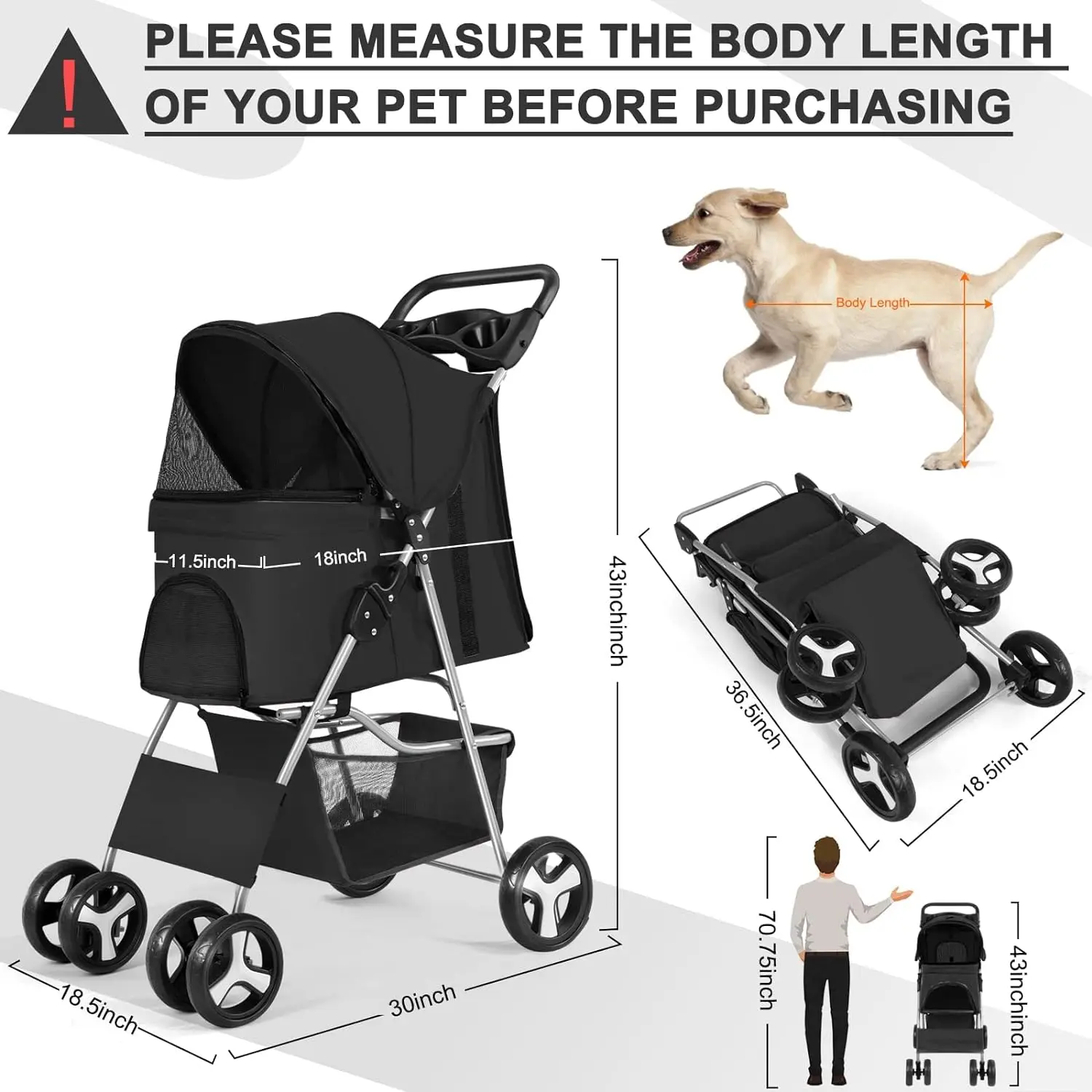 4 Wheel Foldable Cat Dog Stroller with Storage Basket, Handle 360° Front Wheel Rear Wheel with Brake for Small Medium Dogs