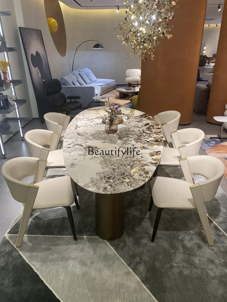 

02 Luxury Stone Dining Table Oval Villa Large Flat Floor Light Luxury Water Drop Shaped Natural Marble Dining Table