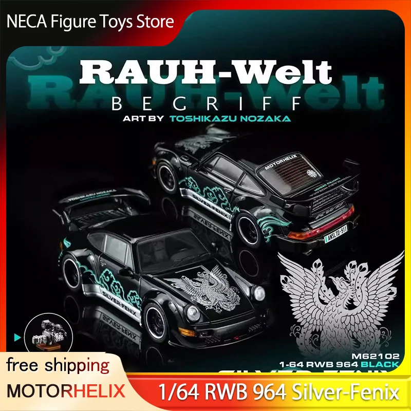 

Модель автомобиля Motorhelix 1:64 RWB 964 Silver-Fenix Widebody, модифицированный, с черным литым кузовом из сплава, с магнитным двигателем, игрушка-подарок для мальчиков
