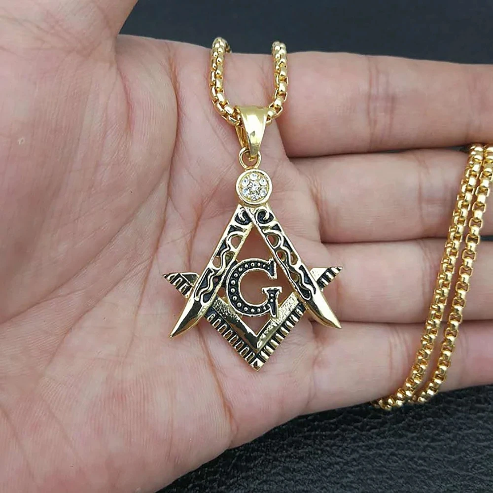 Hip Hop Iced Out Mason Necklaces Pendants Gold Color Stainless Steel Chain For Women/Men Masonic Symbol Jewelry XL1079