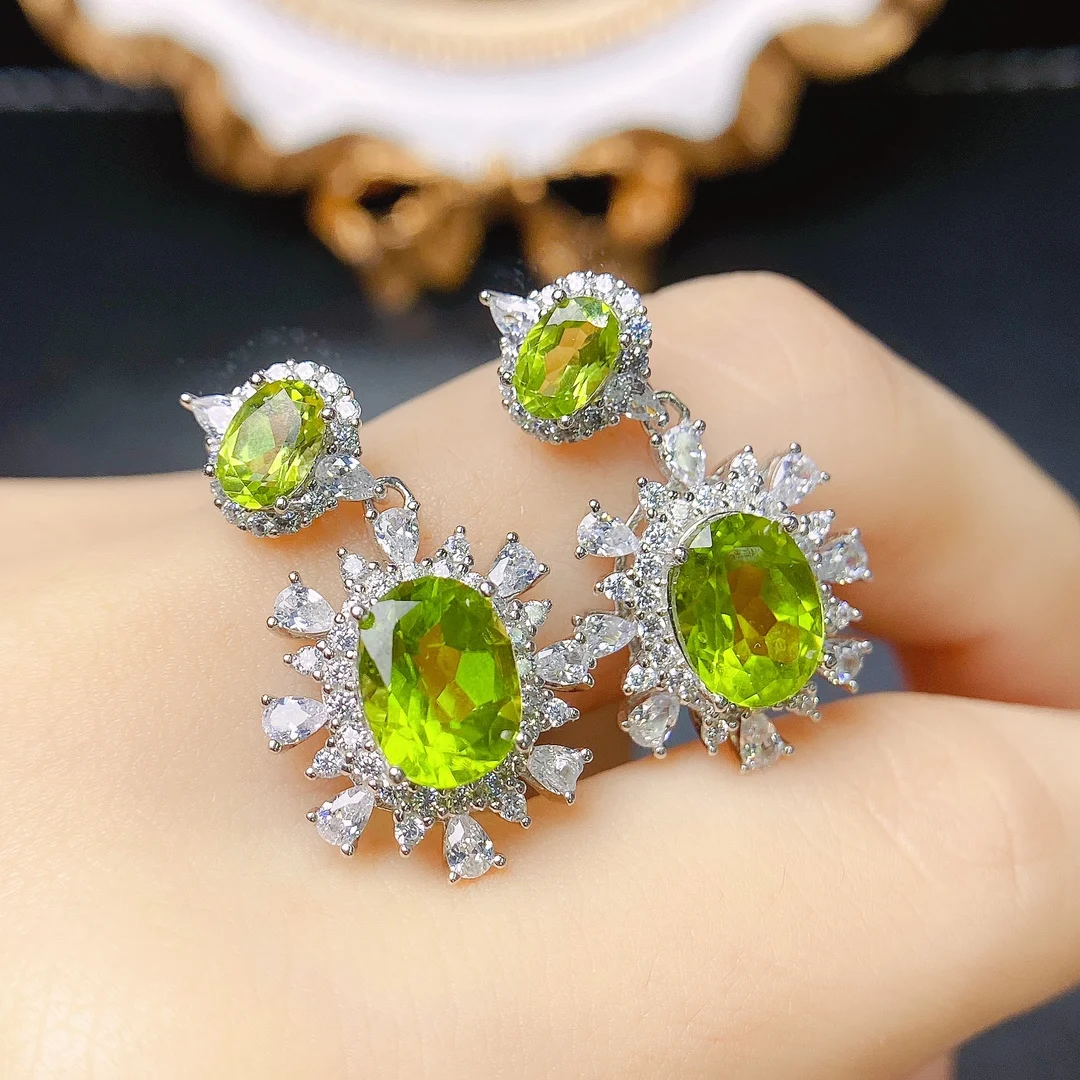 FS S925 Sterling Silver Inlay Natural Olivine Earrings With Certificate Fine Charm Fashion Wedding Jewelry for Women MeiBaPJ