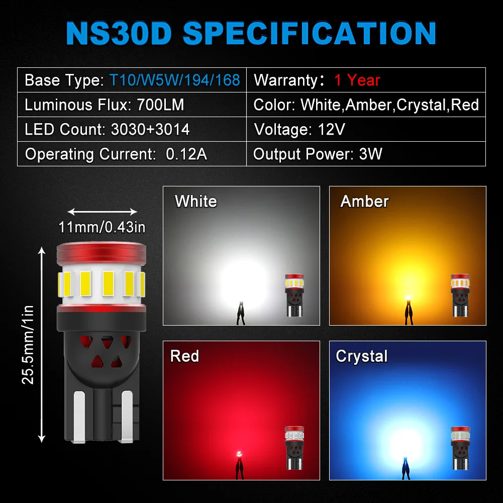 NAO W5W T10 LED Lights 5W5 Ultra Bright Anti Error CANBUS Auto Lamp 12V Chip Car Interior License Plates Indincator Side Bulb