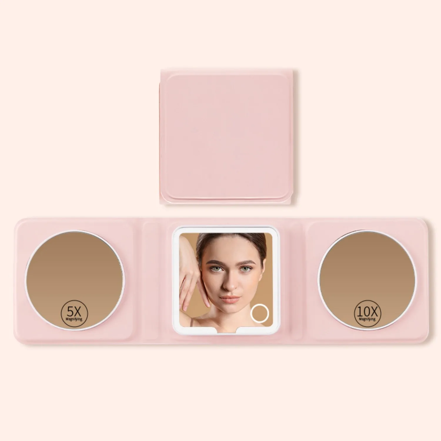 Miroir de maquillage pliable à 3 voies – grossissement 5X/plaux/10X, gradation LED tactile, miroir de courtoisie portable étanche en PU rechargeable