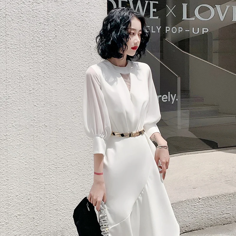 

Ele White Evening Gown Women's New 2023 Slimming Luxury High-End Ball Host Dr High-End Feel Korean Sle Long Sve