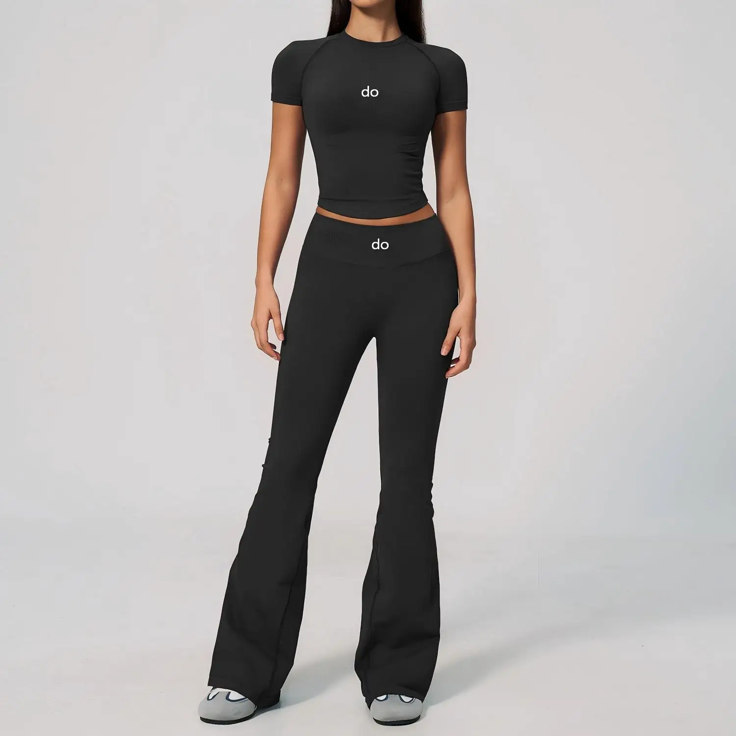 New short sleeved long pants 2-piece fitness suit set, women's tight fitting exercise quick drying Pilates wide leg yoga suit se