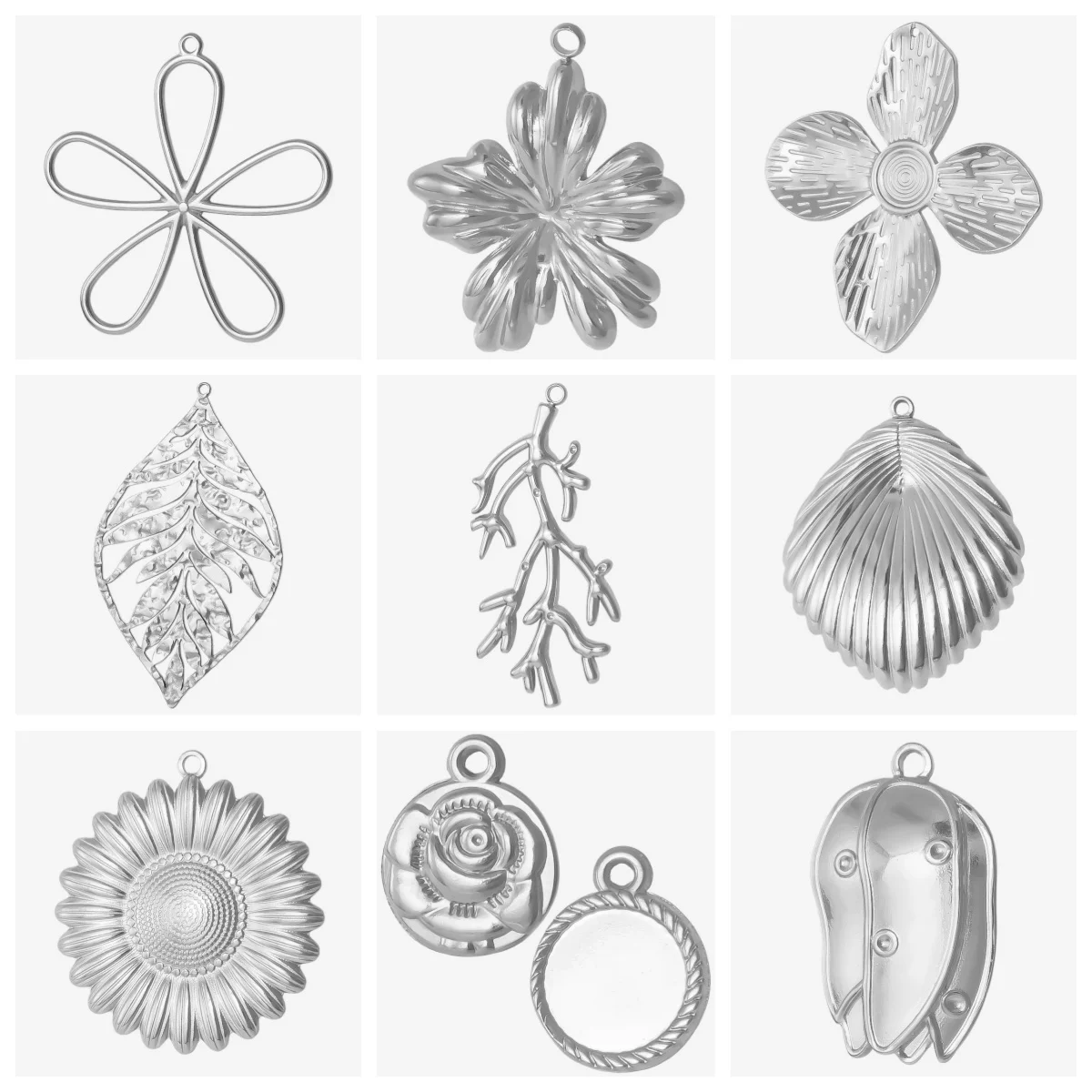 10pcs Brief Fashion Folds Flower Pendant No Fading Silver Color For Women Gloss Plant Leaf Hollowing Out Diy Jewelry Supplies