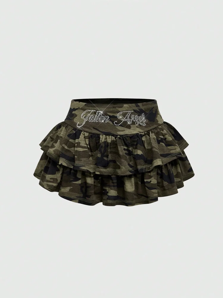 Summer Hot Girl Y2K Camouflage Sweet Cool Double-Layer Pleated Short Skirt Letter Ins Rhinestone High Waist Women's A-Line Skirt