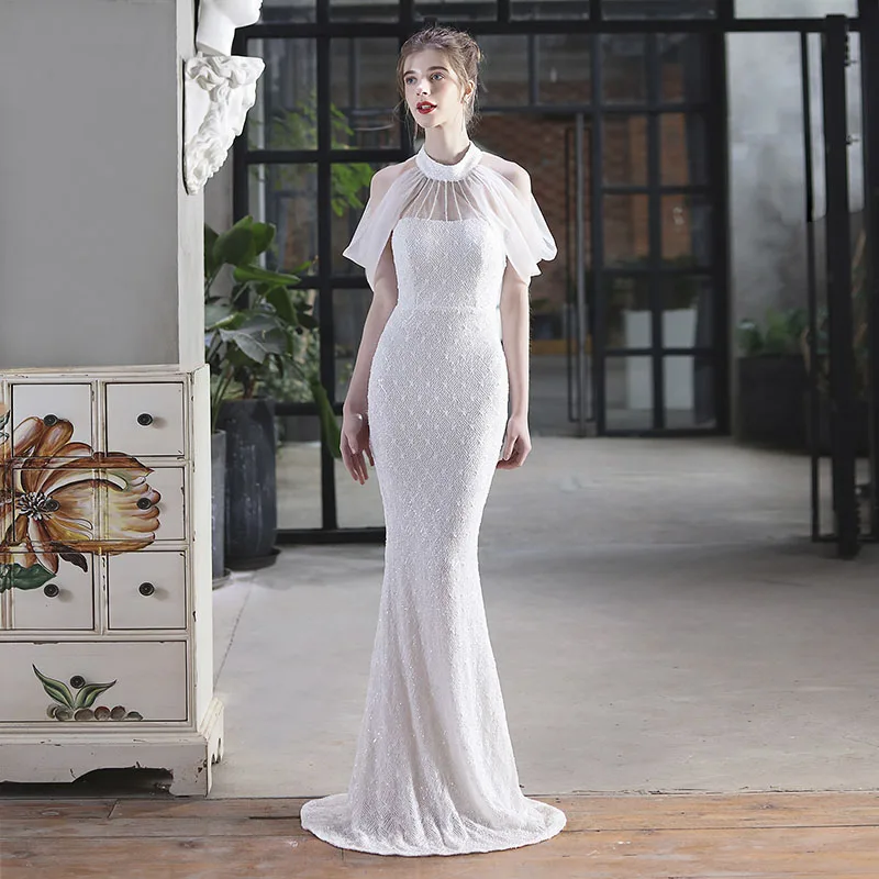 DongCMY Vestido Fiesta Mujer Elegante Boda Lujo Bead Mesh Long Halter Fishtail White Prom  Diamond Dresses Birthday Party Dress