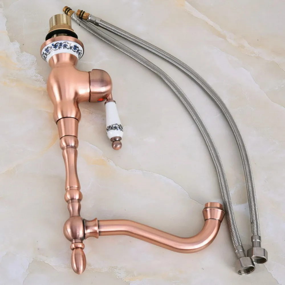 Red Copper Kitchen Bathroom Faucet Blue and White Porcelain Handle Classical Luxury Faucet Deck Installation Sink Tap Nnf640