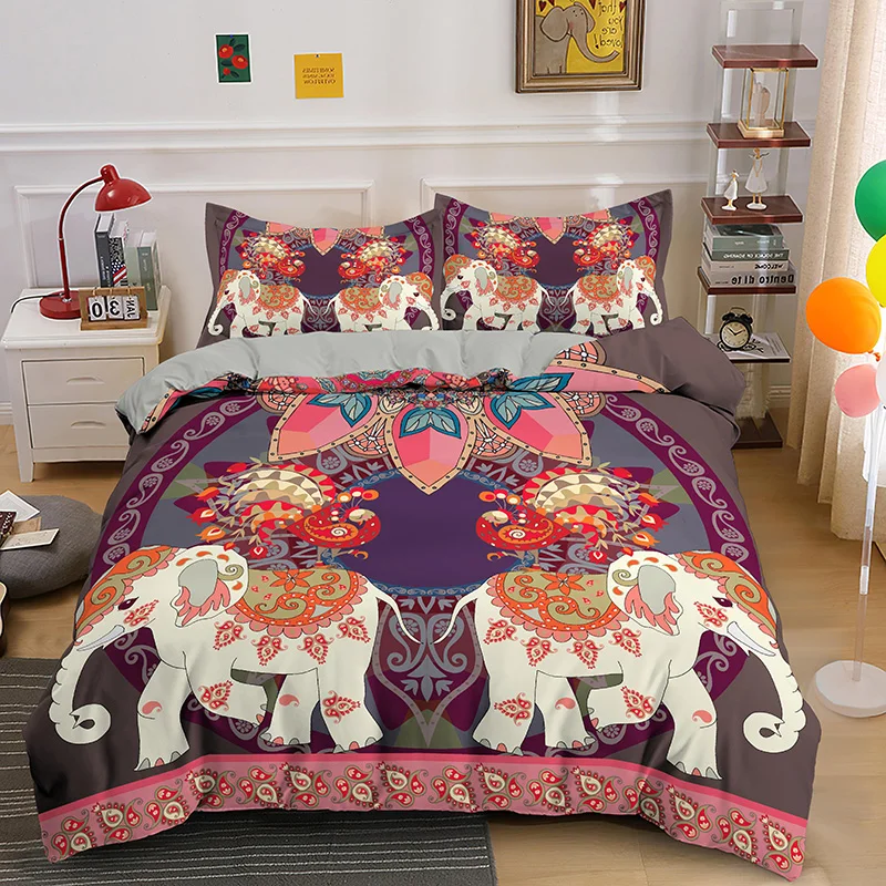 

Bohemian Elephant Bedding Sets Queen King Size Colorful 2/3Pcs Duvet Cover Boho Psychedelic Indian Mandala Polyester Quilt Cover