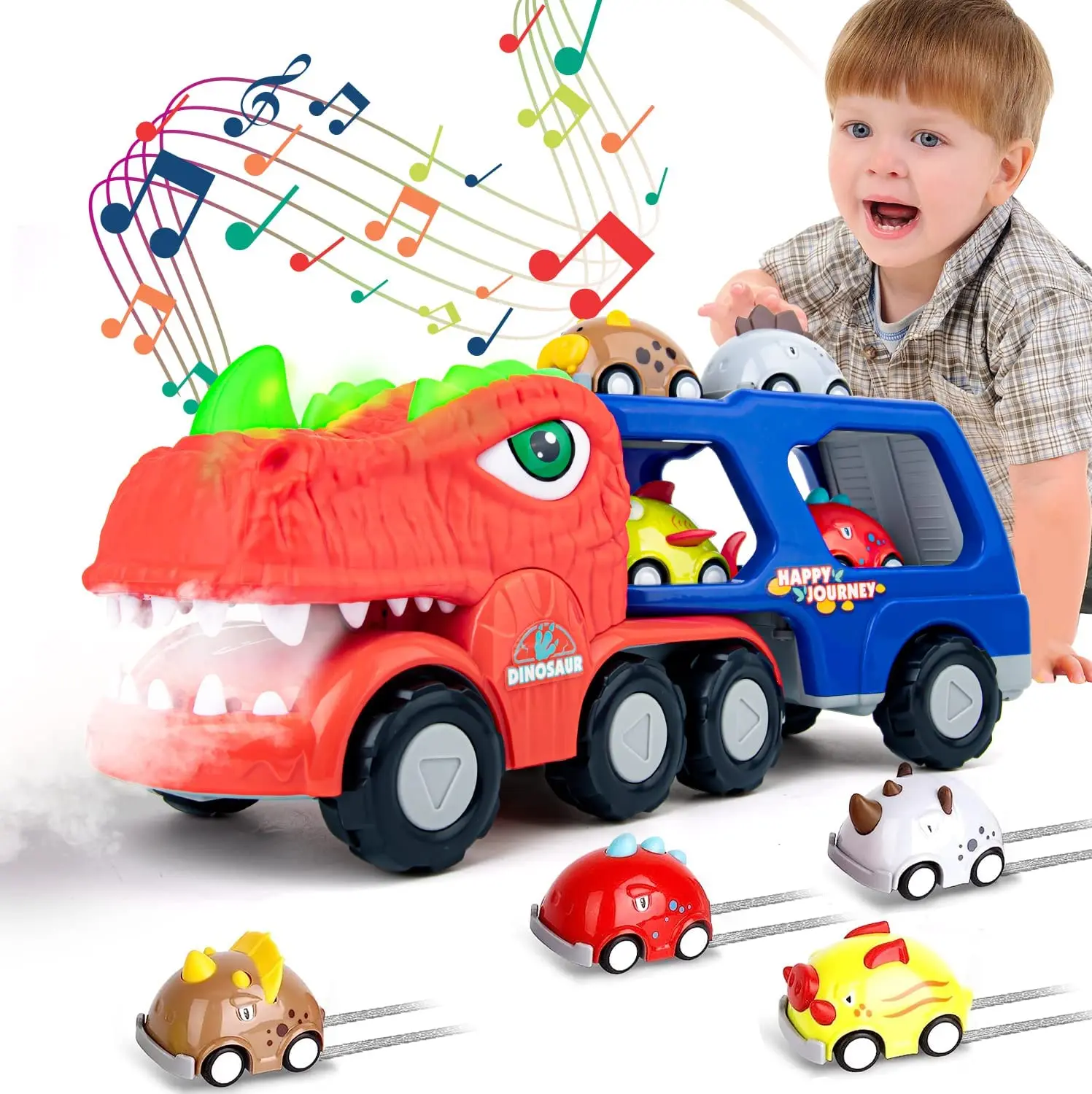 Boys Car Toys 9-in-1 Dino Animal Model Toy Cars for Boys 3-6 Year Old Children Birthday Gifts with Music and Spray