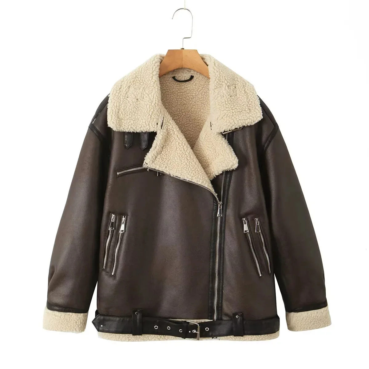 

Новая женская зимняя куртка из кожи и меха с интегрированным поясом, на молнии, с длинными рукавами и воротником-стойкой