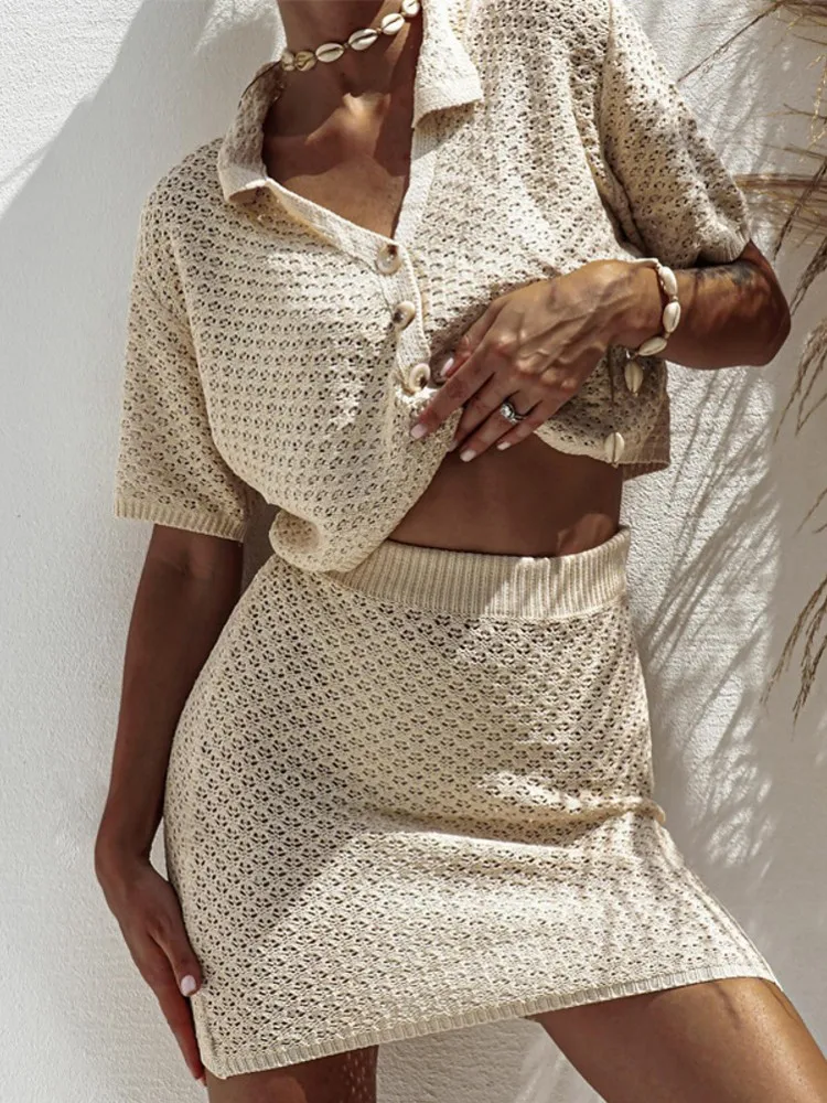 Women's Summer Knited 2 Two Pieces Sets Suit Hollow Out Short Sleeve Single Breasted Tops And Mini Skirt Beach Holiday