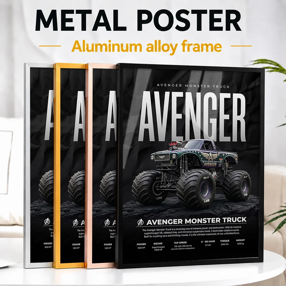 Avenger Monster Truck Framed Metal Poster Personalized Studio Graphic Wall Art For Workshop Or Study, Racing Enthusiast Gift