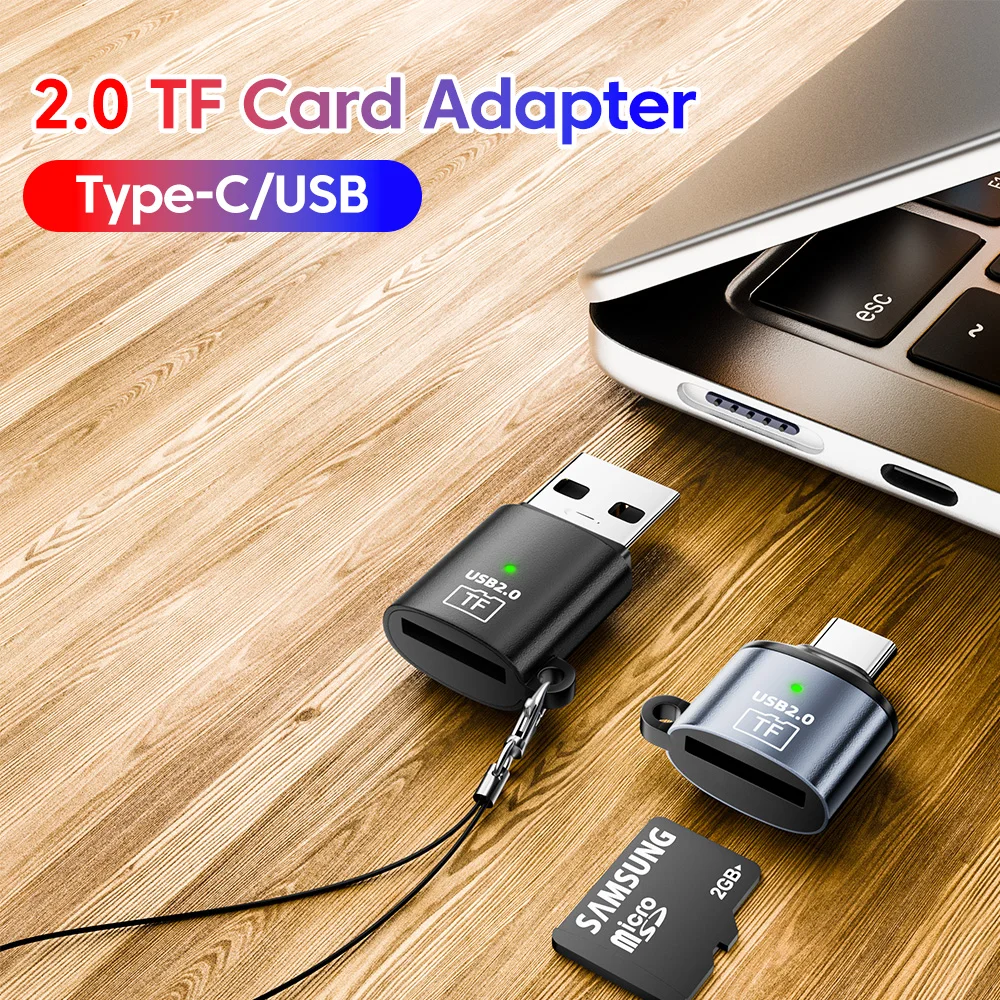 Lector de tarjetas USB2.0 TF, Mini adaptador portátil de lectura de tarjetas USB A/tipo C a TF para teléfonos móviles, portátiles, tabletas, lectura de tarjetas de memoria externas