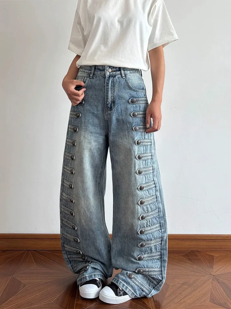 plus Size American Retro Court Metal Buckle Blue Jeans Women Loose Wide Leg Long Pants High Waist Denim Pure Color Wear Resis...