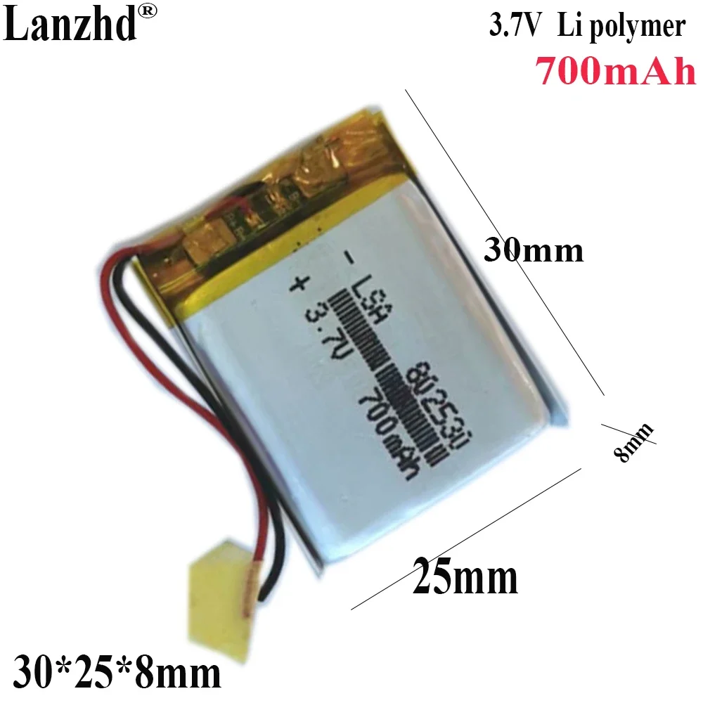 Li polymer lithium battery 700MAH 3.7V For Bluetooth speaker Smart wear beauty device battery 802530