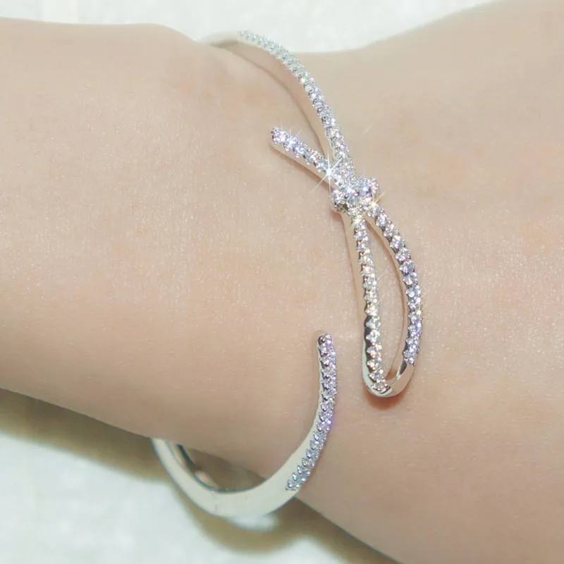 European and American fashion s925 sterling silver bracelet with diamond ribbon and opening anti allergic personality