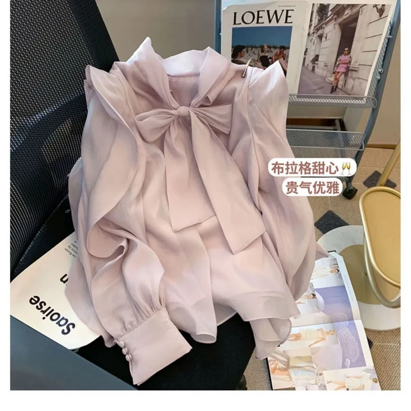 French Style Elegant Fashion Spring Chiffon Mock Neck Office Blouses Lace Up Bow Long Sleeve Shirts Tops Trend Women Clothing