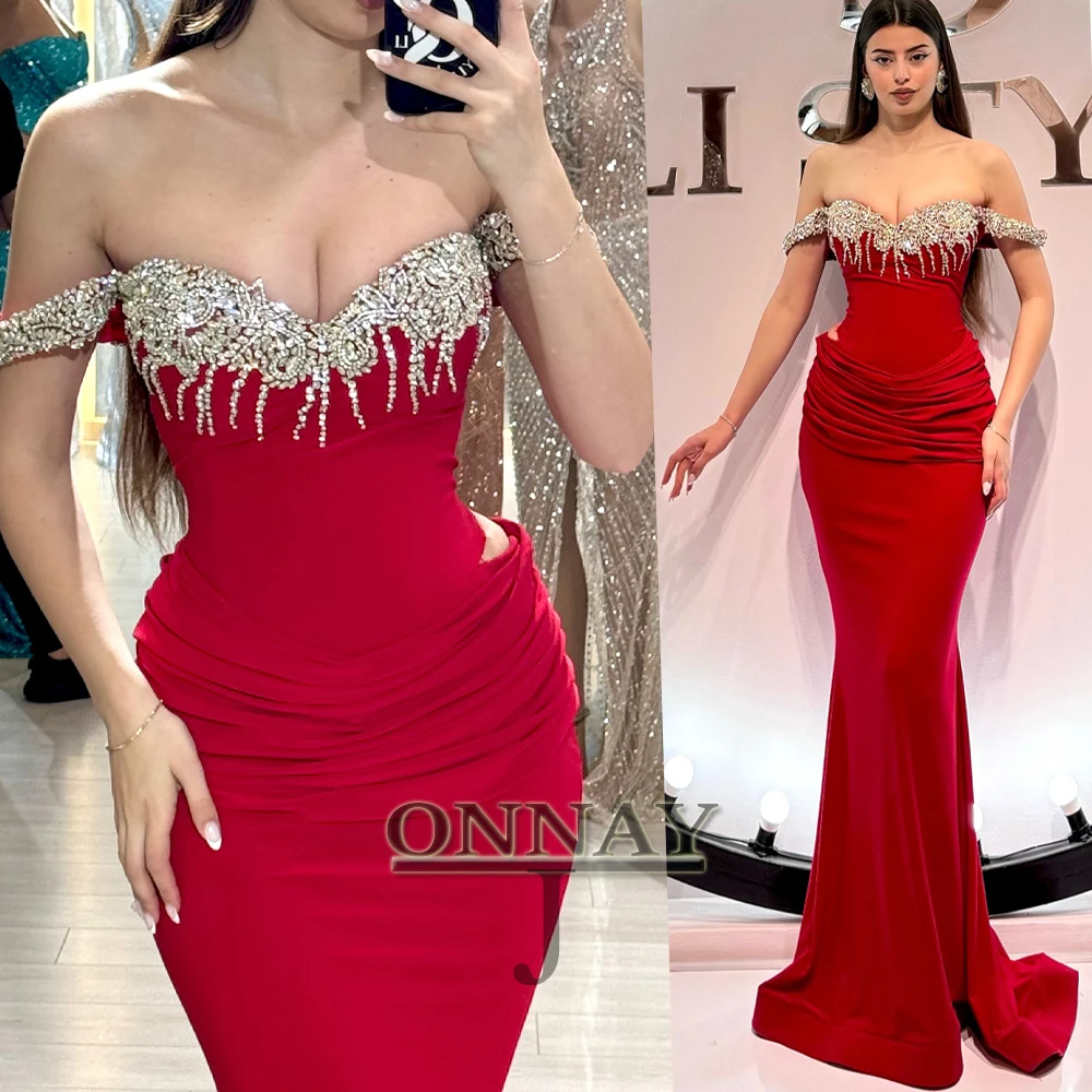 

Customized Charm Off Shoulder Crystals Prom Dresses Long for Women Saudi Arabric Gala Bespoke Pageant Gala Vestidos De Fiesta