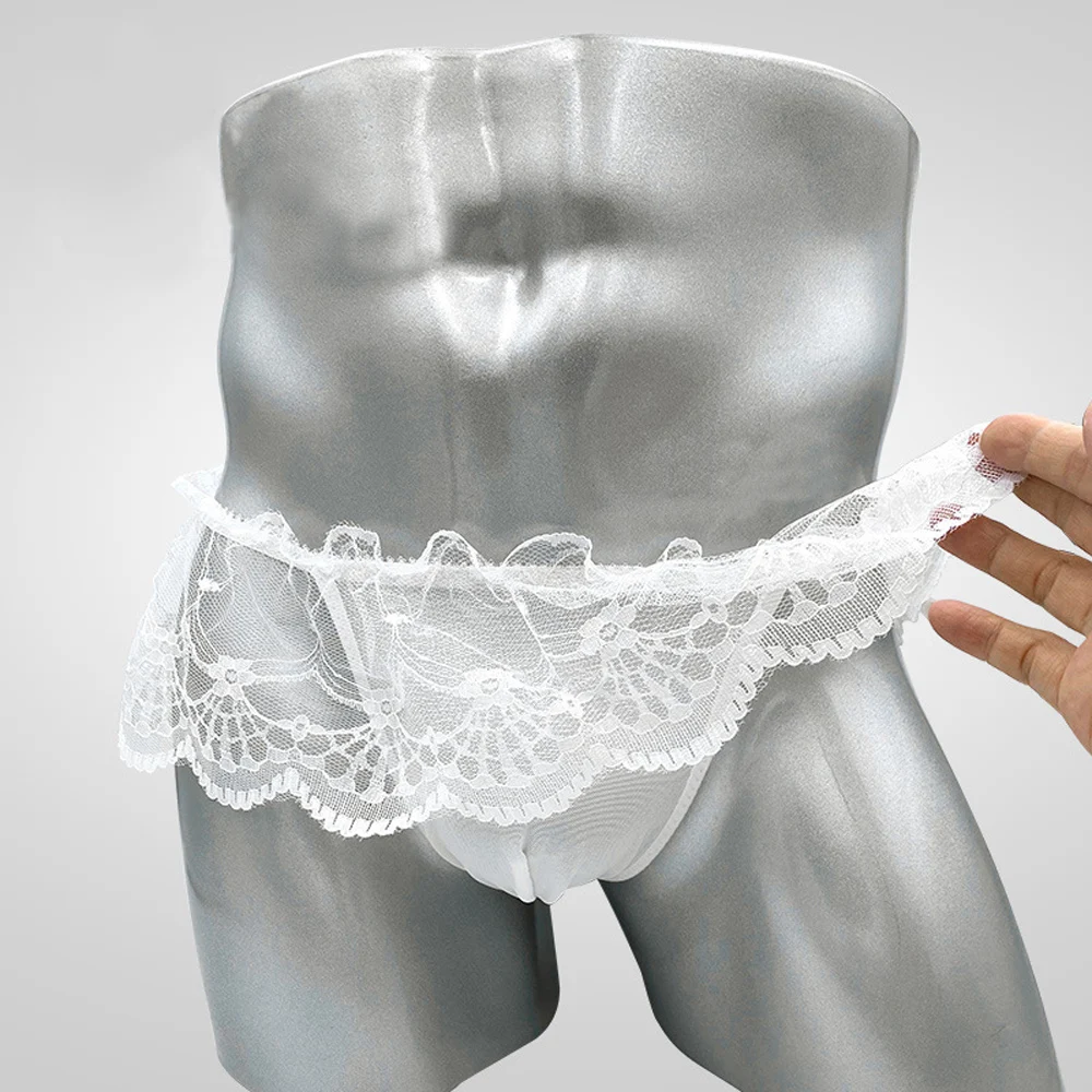 Men Panties Lace Mini Skirt Thong Perspective Crossdressers Lace Trim UnderwearPouch Underpant T-Back G-String