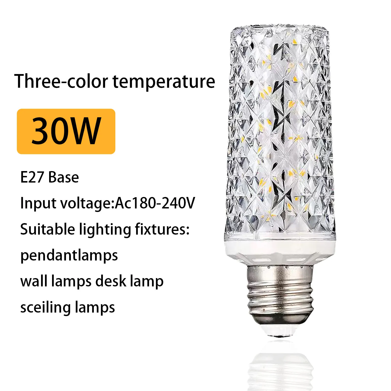 

LED bulb E27 screw mouth tri color dimming crystal e27 corn lamp household living room bedroom pendant light source