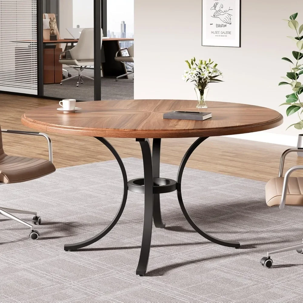 Round Conference Table, 47" Small Meeting Table with Wooden Texture Surface, Circle Business Seminar Table, Breakroom Table