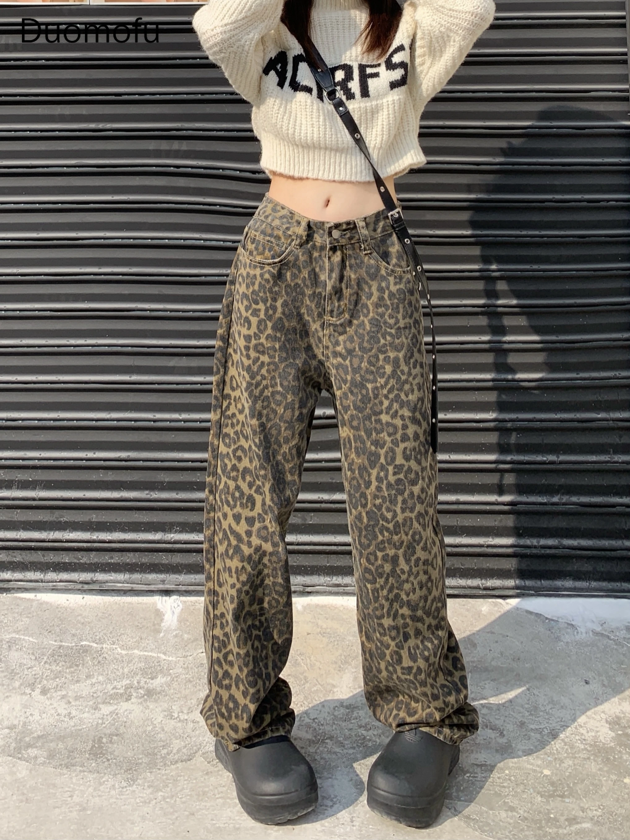 Duomofu American Vintage Leopard Print Loose Women Jeans Autumn New Classic Straight High Waist Casual Fashion Y2K Female Jeans