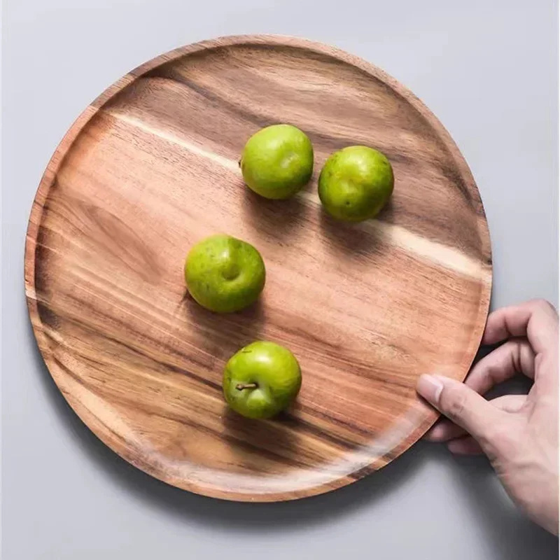 15/20/25cm Wooden Round Serving Platter Tray Retro Wood Pizza Salad Plate Fruit Dessert Tray Bread Cake Container Snacks Dish